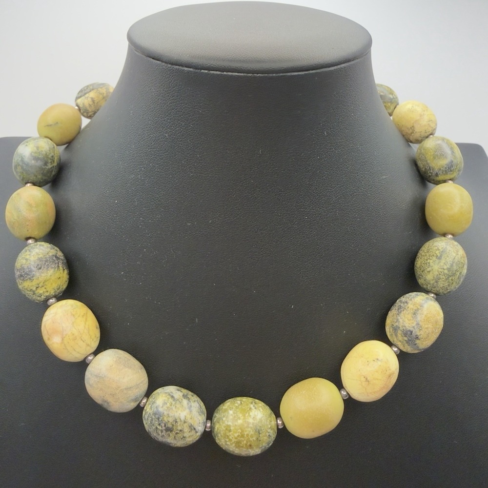 Vtg AIL Aluma Yellow Turquoise Serpentine Necklace 925 Silver Chunky 140 Gr 18"